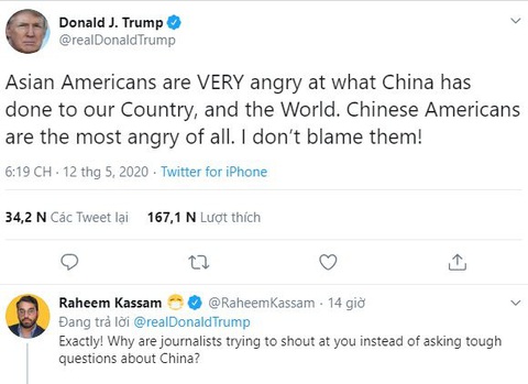 Ông Trump nói người Mỹ gốc Á tức giận với Trung Quốc vì dịch COVID-19 - Ảnh 1. Ông Trump nói người Mỹ gốc Á tức giận với Trung Quốc vì dịch COVID-19 - Ảnh 1.