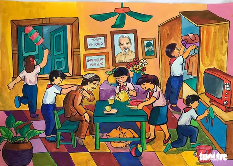 Ngắm những bức tranh vẽ Bác Hồ với thiếu nhi - Ảnh 5. Ngắm những bức tranh vẽ Bác Hồ với thiếu nhi - Ảnh 5.