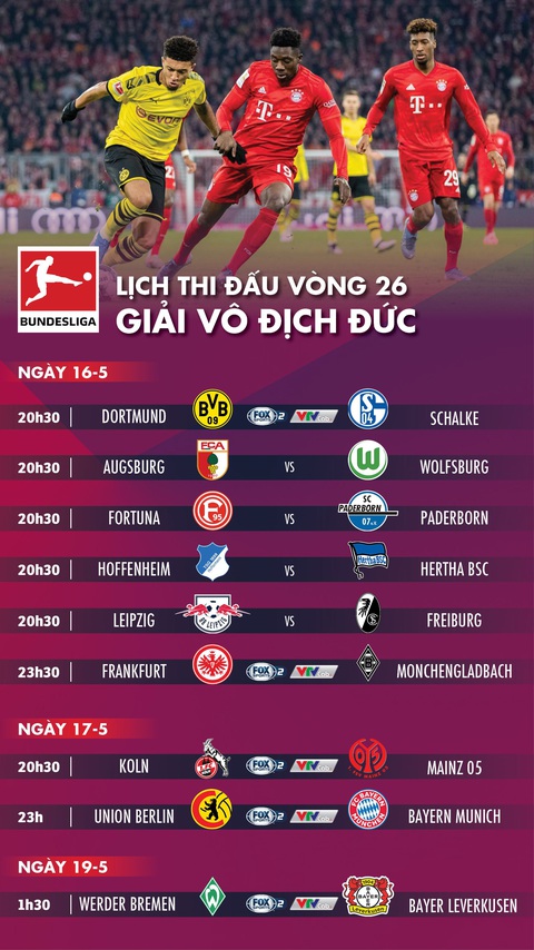 Lịch thi đấu và trực tiếp vòng 26 Giải vô địch Đức đêm nay 16-5 - Ảnh 1. Lịch thi đấu và trực tiếp vòng 26 Giải vô địch Đức đêm nay 16-5 - Ảnh 1.