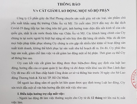 Huê Phong gửi thông báo đến công nhân quanh việc giảm 2.000 người - Ảnh 1. Huê Phong gửi thông báo đến công nhân quanh việc giảm 2.000 người - Ảnh 1.