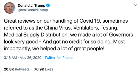 Ông Trump lại gọi Virus Trung Quốc trên mạng xã hội - Ảnh 1. Ông Trump lại gọi Virus Trung Quốc trên mạng xã hội - Ảnh 1.