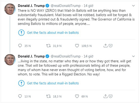 Ông Trump phẫn nộ vì bị Twitter gắn nhãn thông tin cần kiểm chứng với các tweet của mình - Ảnh 2. Ông Trump phẫn nộ vì bị Twitter gắn nhãn thông tin cần kiểm chứng với các tweet của mình - Ảnh 2.