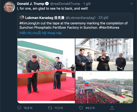 Ông Trump chào mừng ông Kim quay lại sau hơn 20 ngày - Ảnh 1. Ông Trump chào mừng ông Kim quay lại sau hơn 20 ngày - Ảnh 1.