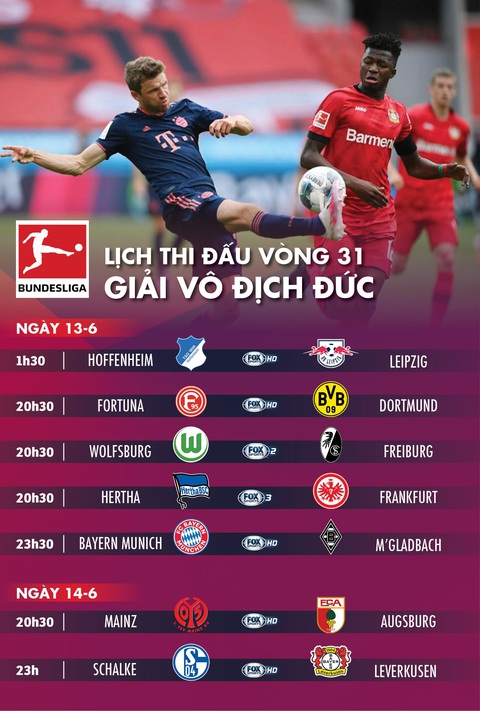 Lịch trực tiếp vòng 31 Bundesliga cuối tuần này - Ảnh 1. Lịch trực tiếp vòng 31 Bundesliga cuối tuần này - Ảnh 1.