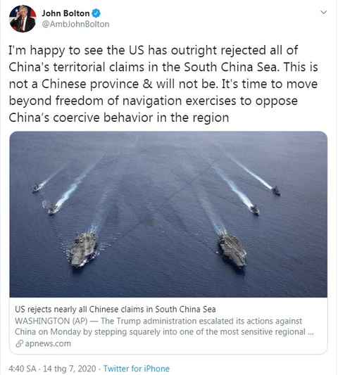 Ông John Bolton: ‘Biển Đông không phải một tỉnh của Trung Quốc’ - Ảnh 2. Ông John Bolton: ‘Biển Đông không phải một tỉnh của Trung Quốc’ - Ảnh 2.
