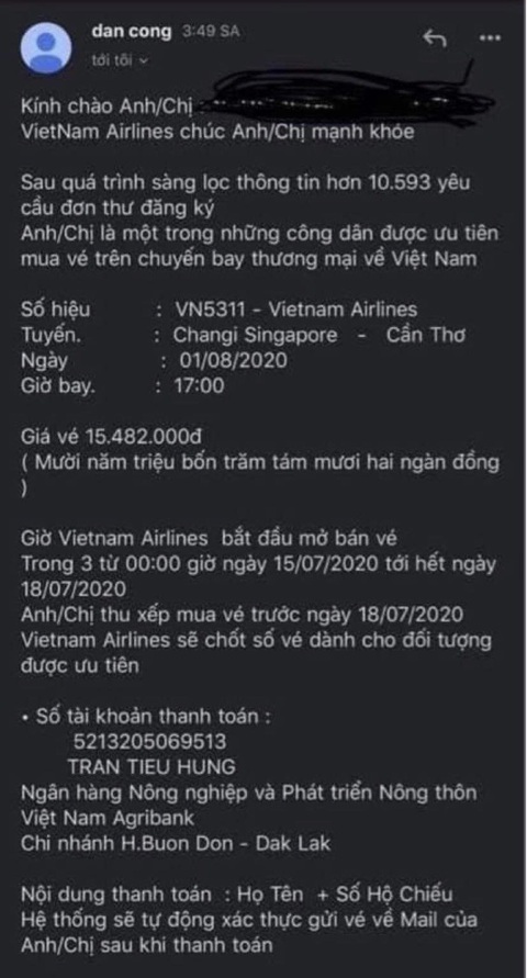 Mạo danh Vietnam Airlines để mời khách mua vé máy bay về nước tránh dịch - Ảnh 2. Mạo danh Vietnam Airlines để mời khách mua vé máy bay về nước tránh dịch - Ảnh 2.