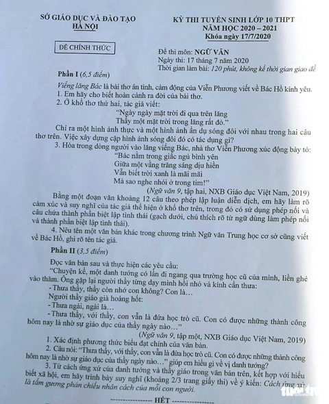 Đề thi văn lớp 10 Hà Nội trúng tủ thí sinh - Ảnh 1. Đề thi văn lớp 10 Hà Nội trúng tủ thí sinh - Ảnh 1.