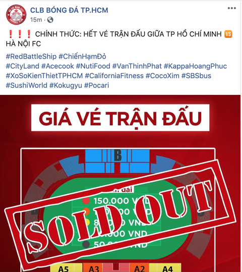 Trận đại chiến CLB TP.HCM - CLB Hà Nội bán hết vé, cổ động viên tiếc nuối - Ảnh 1. Trận đại chiến CLB TP.HCM - CLB Hà Nội bán hết vé, cổ động viên tiếc nuối - Ảnh 1.