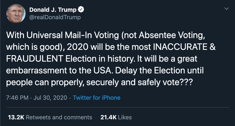 Ông Trump kêu gọi hoãn bầu cử tổng thống Mỹ tháng 11 vì sợ... gian lận - Ảnh 1. Ông Trump kêu gọi hoãn bầu cử tổng thống Mỹ tháng 11 vì sợ... gian lận - Ảnh 1.
