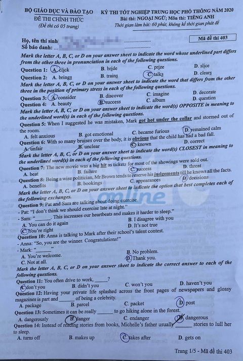 Đề và bài giải tiếng Anh kỳ thi tốt nghiệp THPT 2020 - đủ 24 mã đề - Ảnh 1. Đề và bài giải tiếng Anh kỳ thi tốt nghiệp THPT 2020 - đủ 24 mã đề - Ảnh 1.