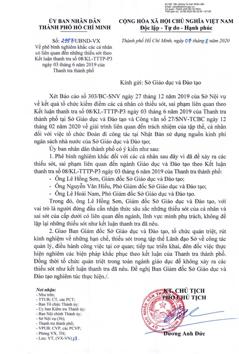 UBND TP.HCM phê bình Sở GD-ĐT vì tổ chức đoàn đi công tác Nhật Bản - Ảnh 1. UBND TP.HCM phê bình Sở GD-ĐT vì tổ chức đoàn đi công tác Nhật Bản - Ảnh 1.