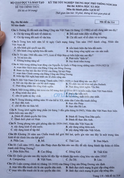 Đề và bài giải môn lịch sử kỳ thi tốt nghiệp THPT 2020 - đủ 24 mã đề - Ảnh 1. Đề và bài giải môn lịch sử kỳ thi tốt nghiệp THPT 2020 - đủ 24 mã đề - Ảnh 1.