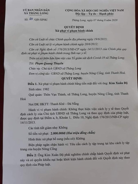 Xử phạt người từ Đà Nẵng về quê không chịu cách ly tại nhà - Ảnh 1. Xử phạt người từ Đà Nẵng về quê không chịu cách ly tại nhà - Ảnh 1.