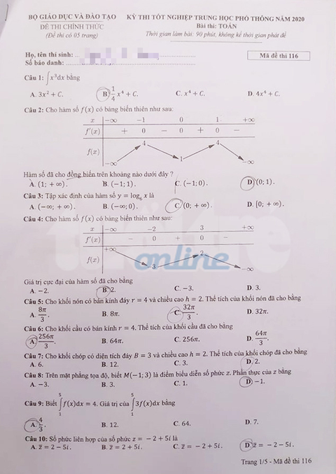 Gợi ý bài giải môn toán thi tốt nghiệp THPT 2020 - đủ 24 mã đề - Ảnh 1. Gợi ý bài giải môn toán thi tốt nghiệp THPT 2020 - đủ 24 mã đề - Ảnh 1.