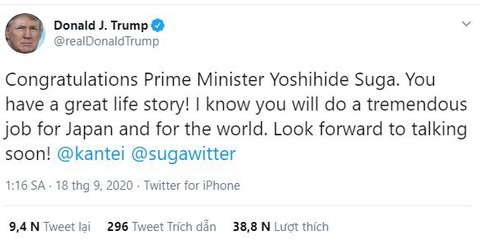 Ông Trump khen tân thủ tướng Nhật có chuyện đời tuyệt vời - Ảnh 1. Ông Trump khen tân thủ tướng Nhật có chuyện đời tuyệt vời - Ảnh 1.