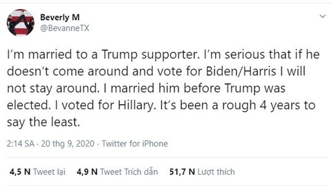 Phụ nữ Mỹ gây bão vì dọa bỏ chồng nếu chồng bầu cho ông Trump - Ảnh 1. Phụ nữ Mỹ gây bão vì dọa bỏ chồng nếu chồng bầu cho ông Trump - Ảnh 1.