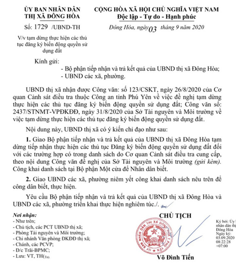 Tạm dừng đăng ký biến động 1.156 thửa đất tại thị xã Đông Hòa nghi sai phạm - Ảnh 1. Tạm dừng đăng ký biến động 1.156 thửa đất tại thị xã Đông Hòa nghi sai phạm - Ảnh 1.