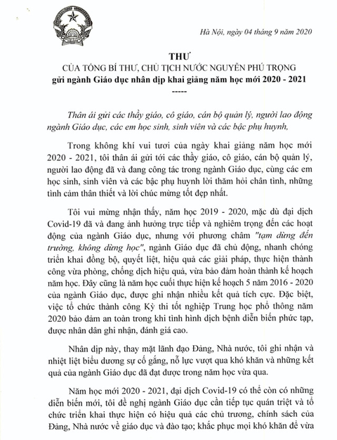 Tổng bí thư, Chủ tịch nước Nguyễn Phú Trọng gửi thư cho thầy, trò cả nước nhân khai giảng - Ảnh 2. Tổng bí thư, Chủ tịch nước Nguyễn Phú Trọng gửi thư cho thầy, trò cả nước nhân khai giảng - Ảnh 2.
