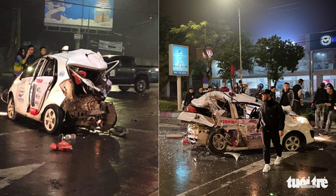 Nữ hành khách chết trong taxi bẹp dúm sau va chạm xe bán tải - Ảnh 1. Nữ hành khách chết trong taxi bẹp dúm sau va chạm xe bán tải - Ảnh 1.
