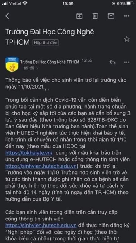 Sinh viên HUTECH trở lại trường ngày 11-10 là tin giả - Ảnh 1. Sinh viên HUTECH trở lại trường ngày 11-10 là tin giả - Ảnh 1.