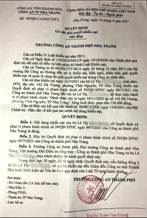 Hủy quyết định xử phạt vi phạm hành chính nhiều không của Công an TP Nha Trang - Ảnh 1. Hủy quyết định xử phạt vi phạm hành chính nhiều không của Công an TP Nha Trang - Ảnh 1.
