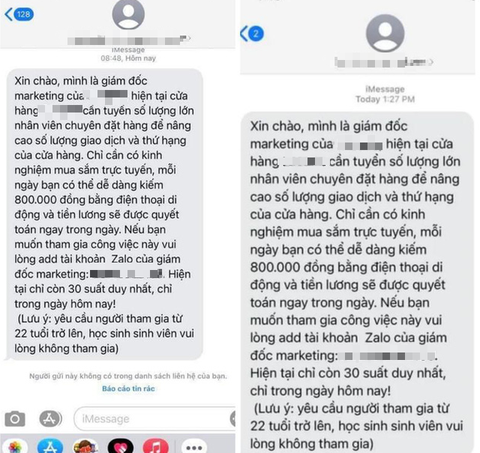 Nhận tin nhắn ‘việc nhẹ, lương cao coi chừng sập bẫy lừa đảo - Ảnh 1. Nhận tin nhắn ‘việc nhẹ, lương cao coi chừng sập bẫy lừa đảo - Ảnh 1.