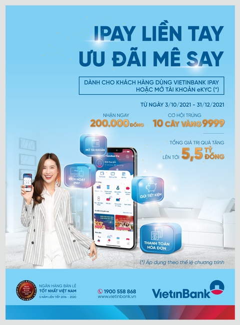Tặng 200.000 đồng cùng cơ hội trúng 10 cây vàng cho khách hàng sử dụng VietinBank iPay - Ảnh 1. Tặng 200.000 đồng cùng cơ hội trúng 10 cây vàng cho khách hàng sử dụng VietinBank iPay - Ảnh 1.