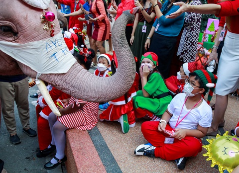 Voi làm ông già Noel, phát quà Giáng sinh cho trẻ em ở Thái Lan - Ảnh 1. Voi làm ông già Noel, phát quà Giáng sinh cho trẻ em ở Thái Lan - Ảnh 1.