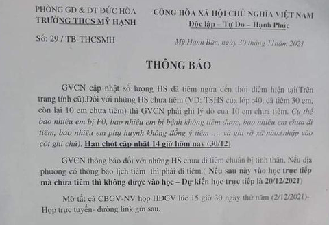 Thu hồi thông báo của trường học thông tin chưa tiêm vắc xin thì không được đến trường - Ảnh 1. Thu hồi thông báo của trường học thông tin chưa tiêm vắc xin thì không được đến trường - Ảnh 1.
