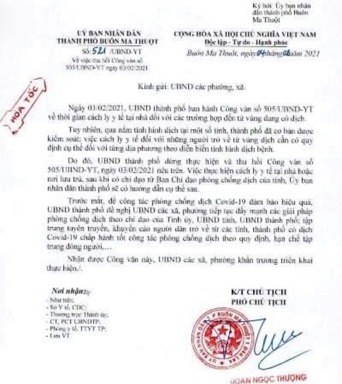 TP Buôn Ma Thuột thu hồi công văn cách ly gây hiểu nhầm - Ảnh 1. TP Buôn Ma Thuột thu hồi công văn cách ly gây hiểu nhầm - Ảnh 1.