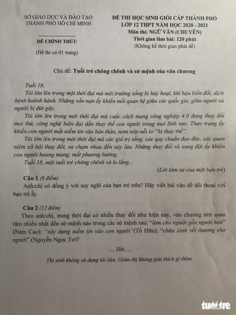 Đề thi học sinh giỏi văn TP.HCM bàn về Tuổi trẻ chông chênh - Ảnh 2. Đề thi học sinh giỏi văn TP.HCM bàn về Tuổi trẻ chông chênh - Ảnh 2.