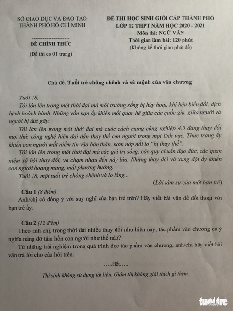 Đề thi học sinh giỏi văn TP.HCM bàn về Tuổi trẻ chông chênh - Ảnh 1. Đề thi học sinh giỏi văn TP.HCM bàn về Tuổi trẻ chông chênh - Ảnh 1.