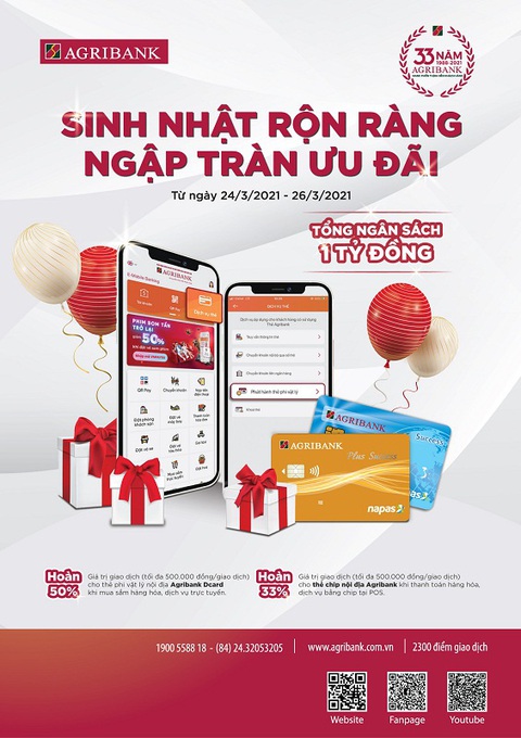 Agribank dành hơn 2 tỉ đồng khuyến mãi mừng sinh nhật lần thứ 33 - Ảnh 1. Agribank dành hơn 2 tỉ đồng khuyến mãi mừng sinh nhật lần thứ 33 - Ảnh 1.