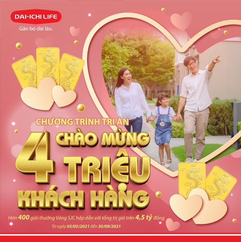 Mừng 4 triệu khách hàng, Dai-ichi Life Việt Nam tặng 400 giải thưởng vàng SJC 999.9 - Ảnh 1. Mừng 4 triệu khách hàng, Dai-ichi Life Việt Nam tặng 400 giải thưởng vàng SJC 999.9 - Ảnh 1.