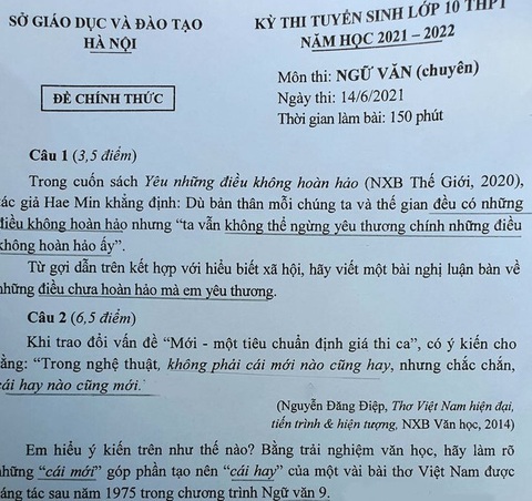 Đề thi văn vào trường chuyên Hà Nội về ‘sự yêu thương điều không hoàn hảo’ - Ảnh 1. Đề thi văn vào trường chuyên Hà Nội về ‘sự yêu thương điều không hoàn hảo’ - Ảnh 1.