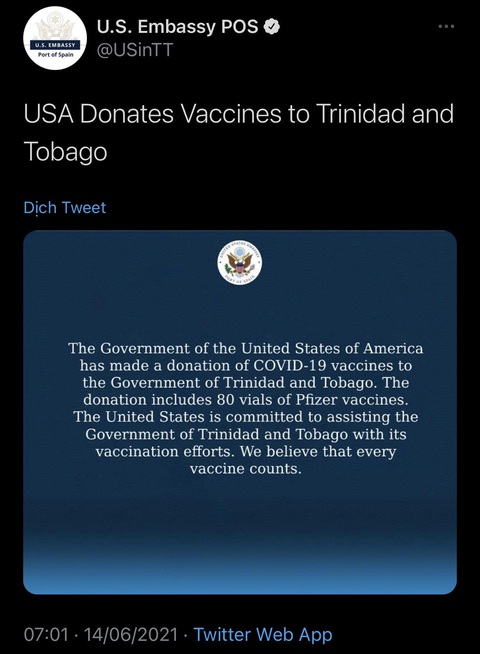 Dân Trinidad và Tobago soi Mỹ tặng 400 liều vắc xin, Trung Quốc tặng gấp... 750 lần - Ảnh 2. Dân Trinidad và Tobago soi Mỹ tặng 400 liều vắc xin, Trung Quốc tặng gấp... 750 lần - Ảnh 2.