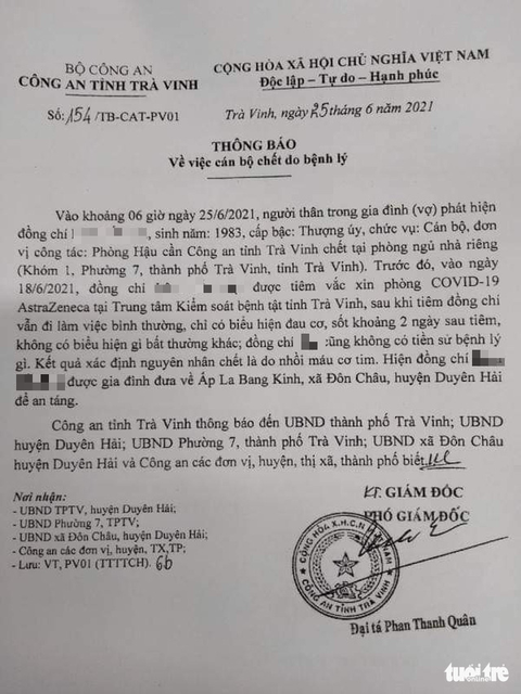 Thượng úy công an không tiền sử bệnh lý chết tại nhà là do nhồi máu cơ tim - Ảnh 1. Thượng úy công an không tiền sử bệnh lý chết tại nhà là do nhồi máu cơ tim - Ảnh 1.
