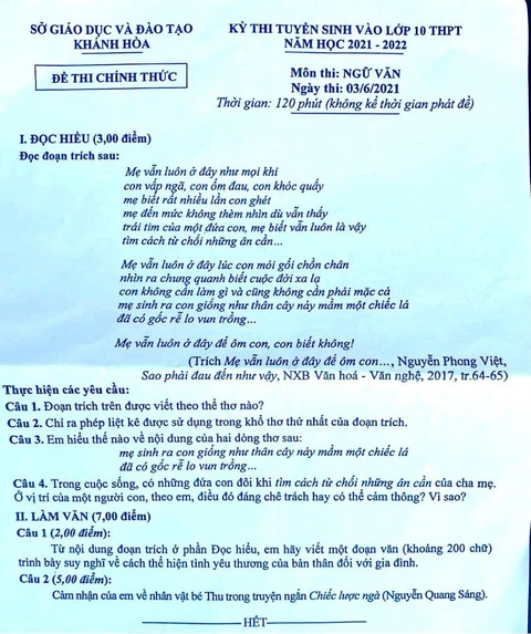 Đề văn lớp 10 ở Khánh Hòa: Tìm cách từ chối những ân cần của cha mẹ? - Ảnh 1. Đề văn lớp 10 ở Khánh Hòa: Tìm cách từ chối những ân cần của cha mẹ? - Ảnh 1.