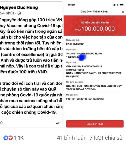 Con được học bổng, bố chuyển 100 triệu góp Quỹ vắc xin phòng dịch COVID-19 - Ảnh 1. Con được học bổng, bố chuyển 100 triệu góp Quỹ vắc xin phòng dịch COVID-19 - Ảnh 1.