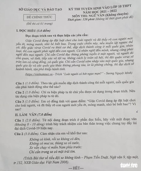 ‘Giặc COVID vào đề thi văn lớp 10 ở Đắk Nông - Ảnh 2. ‘Giặc COVID vào đề thi văn lớp 10 ở Đắk Nông - Ảnh 2.