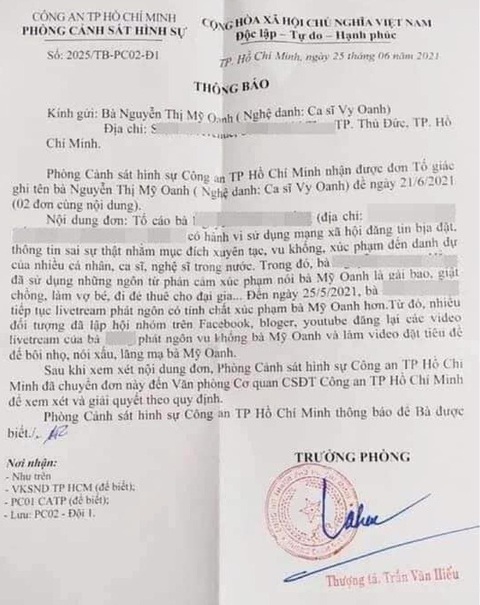 Ca sĩ Vy Oanh nộp đơn tố giác bà Nguyễn Phương Hằng vu khống, bôi nhọ danh dự - Ảnh 1. Ca sĩ Vy Oanh nộp đơn tố giác bà Nguyễn Phương Hằng vu khống, bôi nhọ danh dự - Ảnh 1.