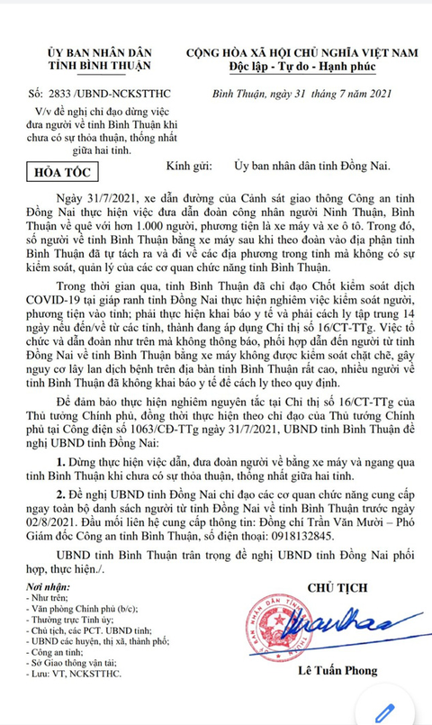 Bình Thuận đề nghị Đồng Nai dừng đưa cả ngàn người ngang qua tỉnh thiếu sự thỏa thuận - Ảnh 1. Bình Thuận đề nghị Đồng Nai dừng đưa cả ngàn người ngang qua tỉnh thiếu sự thỏa thuận - Ảnh 1.