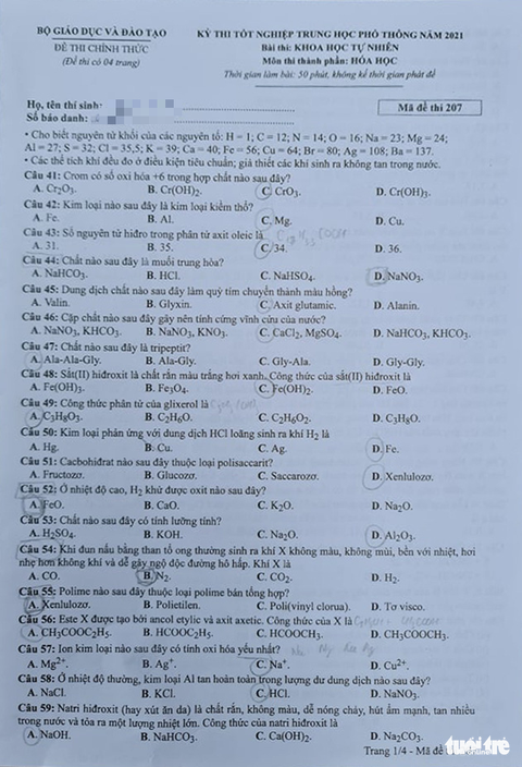 Đề và bài giải môn hóa thi tốt nghiệp THPT 2021 - Ảnh 2. Đề và bài giải môn hóa thi tốt nghiệp THPT 2021 - Ảnh 2.