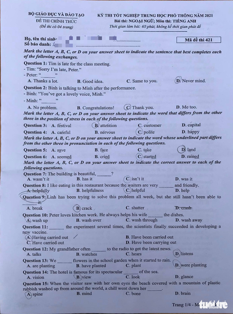 Đề và bài giải môn ngoại ngữ kỳ thi tốt nghiệp THPT 2021 - Ảnh 2. Đề và bài giải môn ngoại ngữ kỳ thi tốt nghiệp THPT 2021 - Ảnh 2.