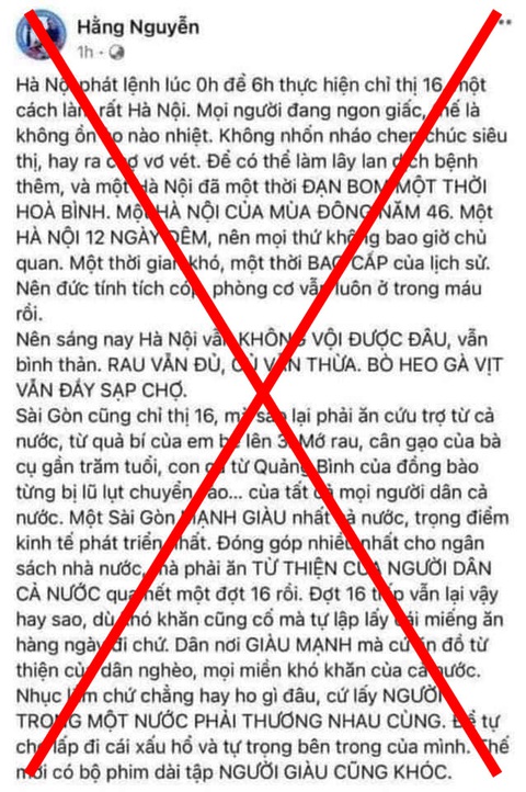 Phạt chủ Facebook Hằng Nguyễn 5 triệu vì đăng tin gây hoang mang về cứu trợ - Ảnh 1. Phạt chủ Facebook Hằng Nguyễn 5 triệu vì đăng tin gây hoang mang về cứu trợ - Ảnh 1.