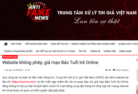 Trung tâm xử lý tin giả Việt Nam thông tin về website không phép, giả mạo báo Tuổi Trẻ Online - Ảnh 1. Trung tâm xử lý tin giả Việt Nam thông tin về website không phép, giả mạo báo Tuổi Trẻ Online - Ảnh 1.
