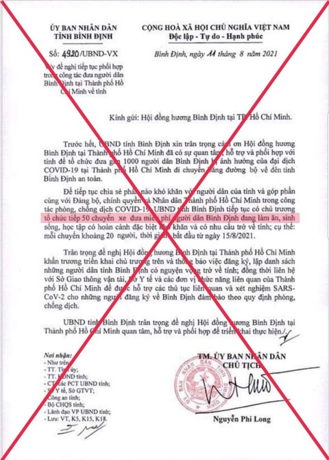 Văn bản nói Bình Định tổ chức 50 chuyến xe đưa người dân từ TP.HCM là giả mạo - Ảnh 1. Văn bản nói Bình Định tổ chức 50 chuyến xe đưa người dân từ TP.HCM là giả mạo - Ảnh 1.