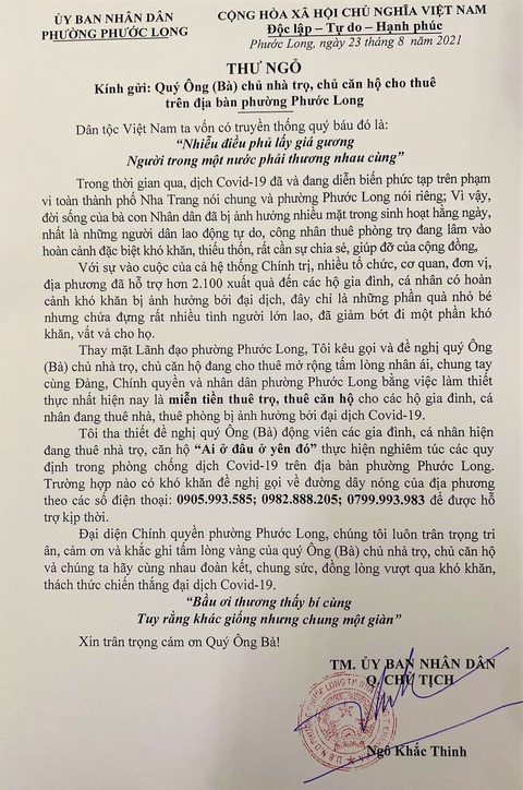 Chủ tịch phường viết thư kêu gọi chủ nhà miễn tiền cho người thuê trọ - Ảnh 1. Chủ tịch phường viết thư kêu gọi chủ nhà miễn tiền cho người thuê trọ - Ảnh 1.