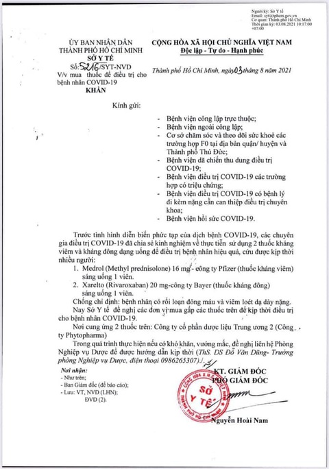 Sở Y tế TP.HCM thu hồi văn bản giới thiệu mua 2 loại thuốc kháng viêm, kháng đông điều trị COVID - Ảnh 1. Sở Y tế TP.HCM thu hồi văn bản giới thiệu mua 2 loại thuốc kháng viêm, kháng đông điều trị COVID - Ảnh 1.