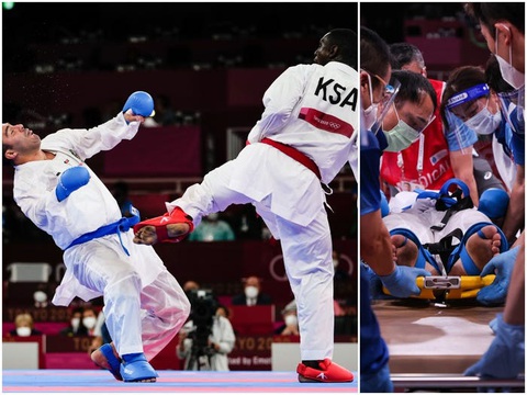 Võ sĩ karate bị đá ngất xỉu nằm trên cáng vẫn đoạt huy chương vàng Olympic - Ảnh 1. Võ sĩ karate bị đá ngất xỉu nằm trên cáng vẫn đoạt huy chương vàng Olympic - Ảnh 1.